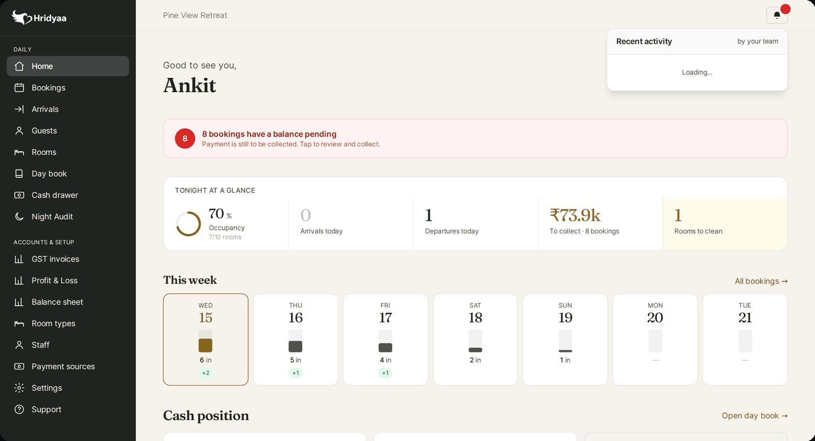 The Hridyaa dashboard showing 70% occupancy, tonight's arrivals and departures, money still to collect, and a seven-day booking calendar