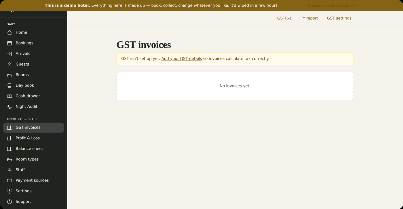 The GST invoices screen in Hridyaa, listing tax invoices with their CGST and SGST split ready for filing