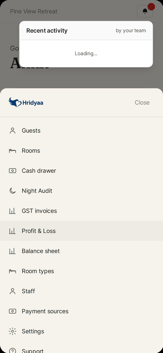 Hridyaa on a phone, showing occupancy, arrivals and the week's bookings with a bottom tab bar