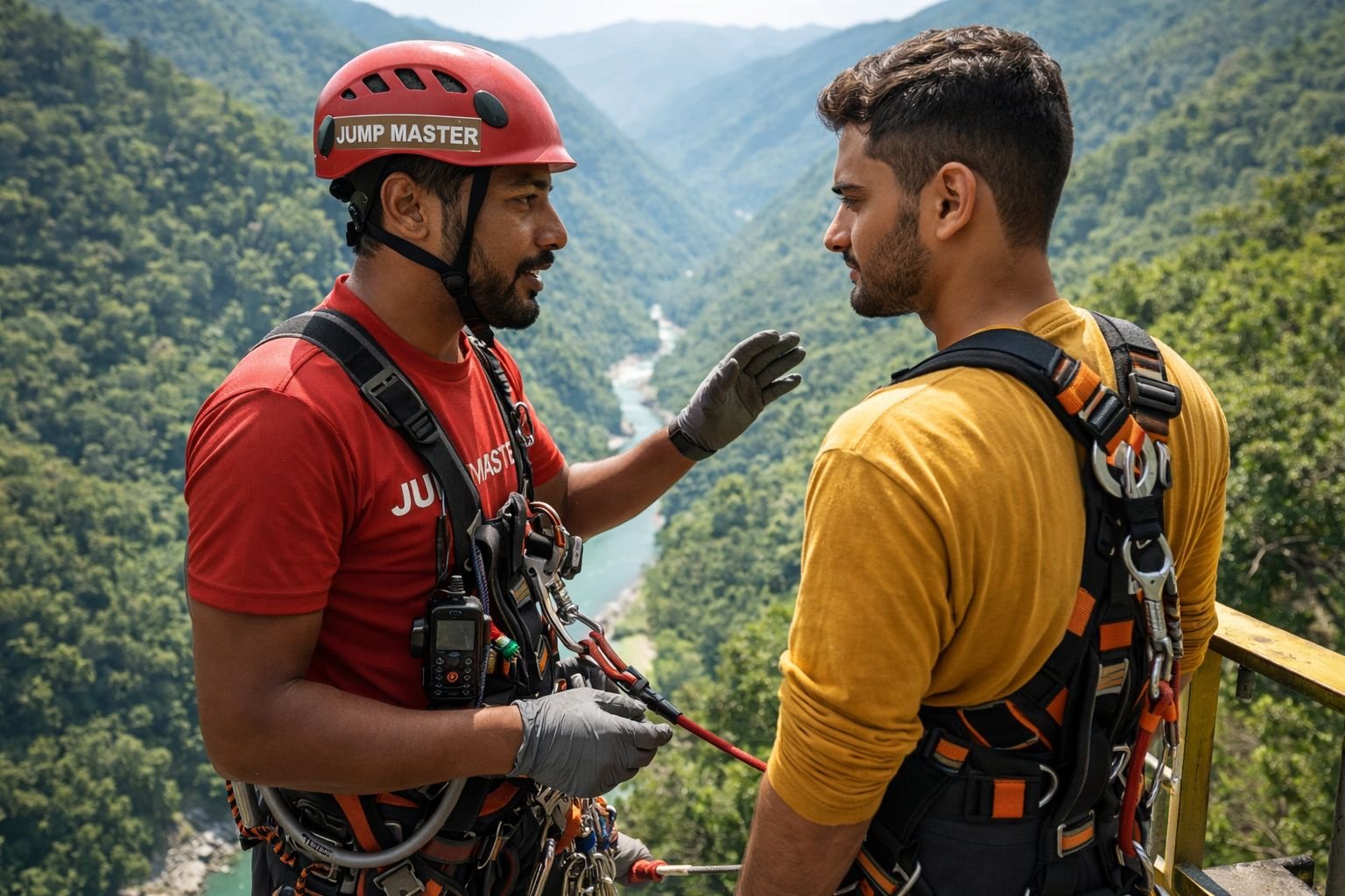 Safety briefing and harness check before bungee jumping in Rishikesh