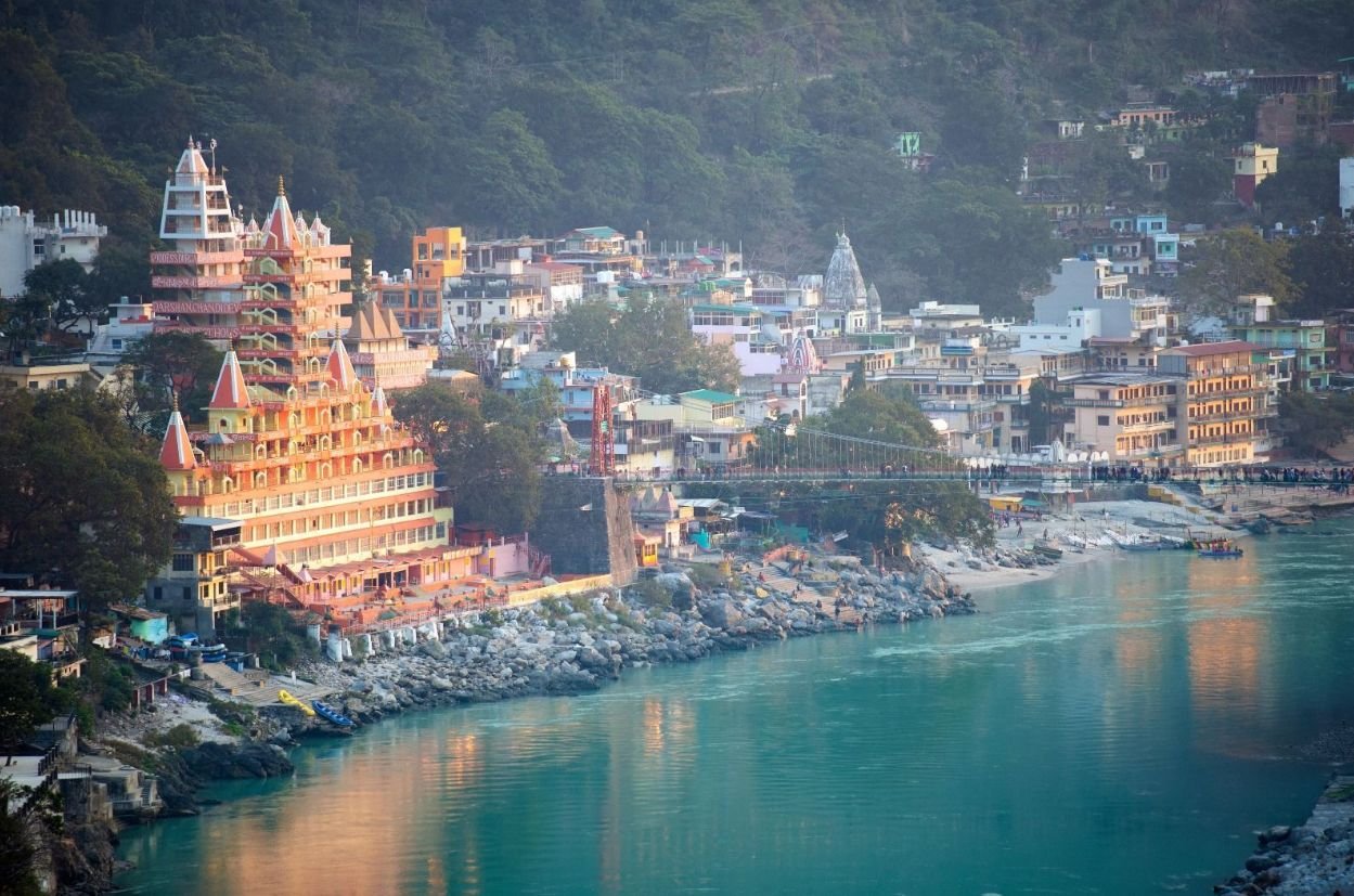 Trayambakeshwar Temple in Rishikesh with its 13-storey structure overlooking the Ganga River