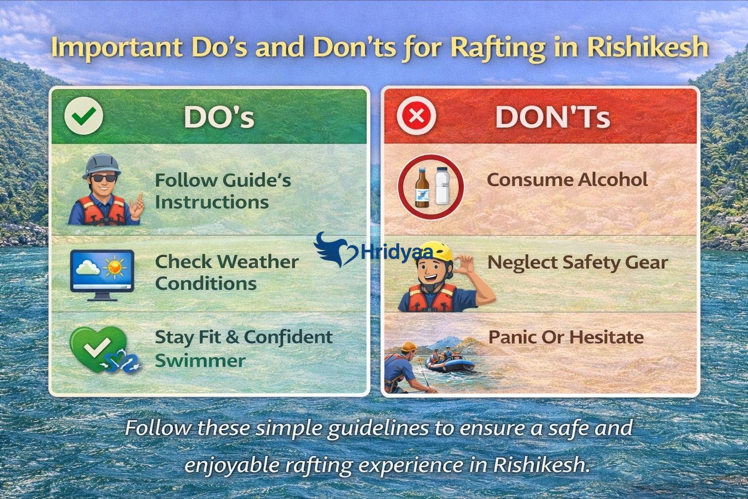 Important do’s and don’ts for rafting in Rishikesh showing safety guidelines, proper gear use, and common mistakes to avoid