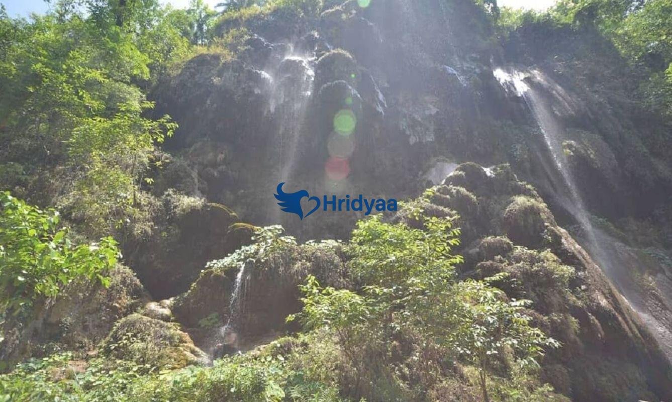 Patna Waterfall near Rishikesh surrounded by forest trail and flowing mountain stream