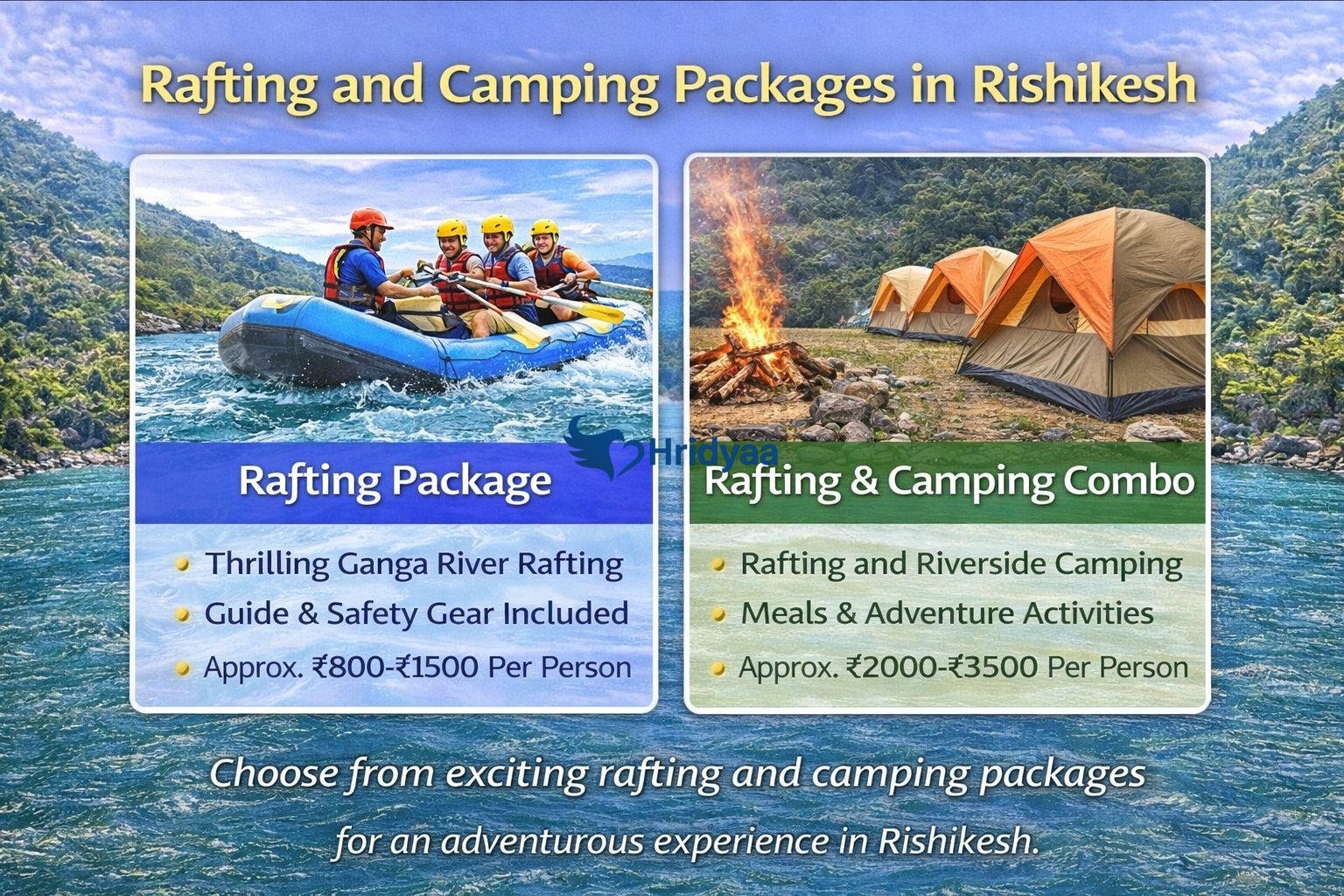 Rafting and camping packages in Rishikesh showing river rafting on the Ganga and riverside camping tents