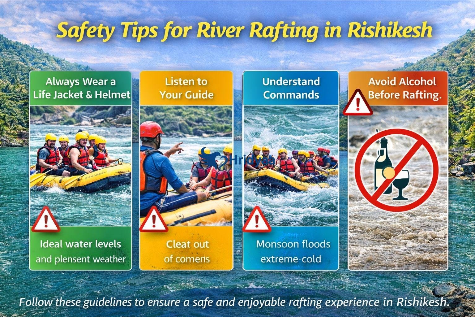 Safety tips for river rafting in Rishikesh showing life jackets, guide instructions, river commands, and alcohol restriction