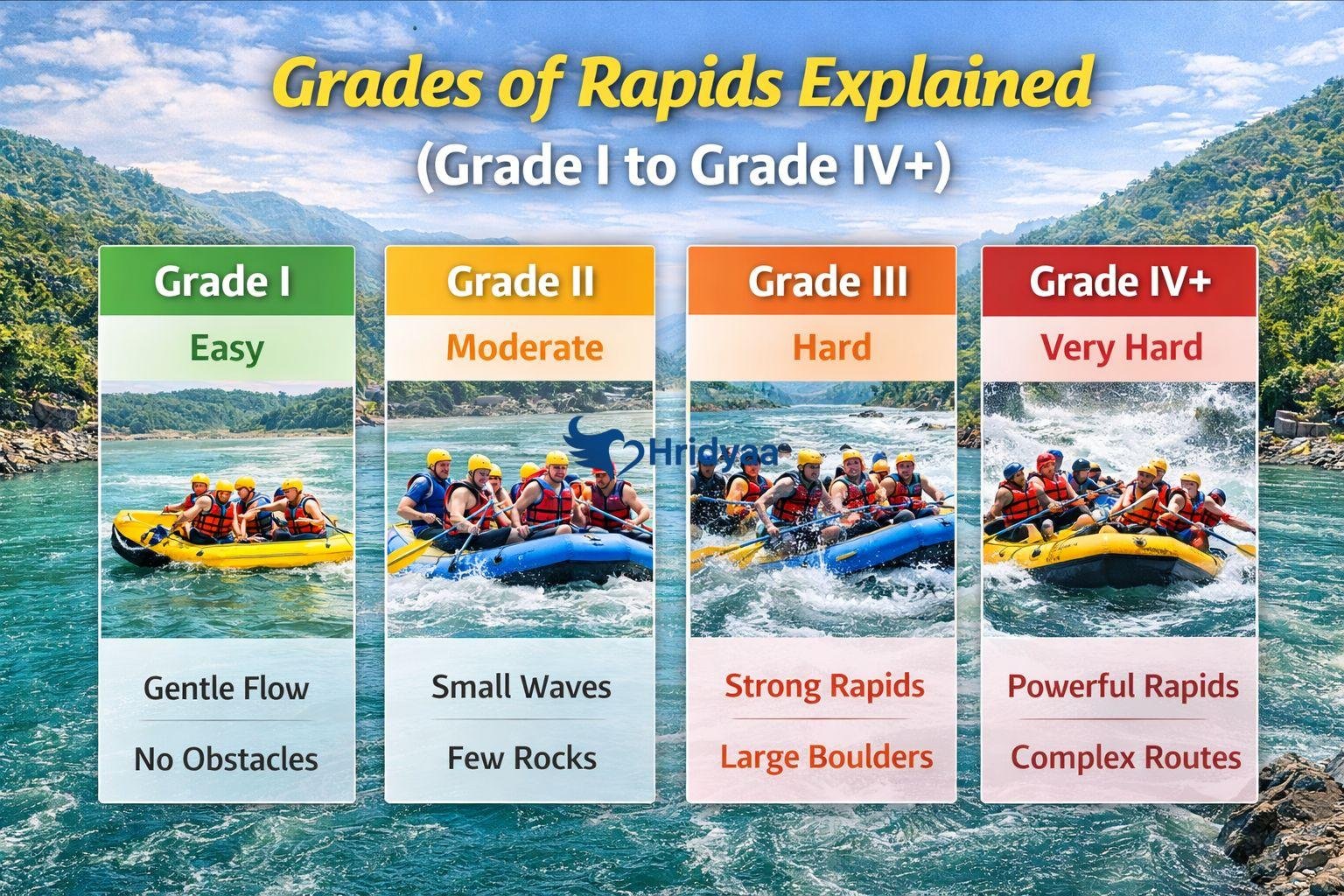 Grades of river rafting rapids in Rishikesh from Grade I to Grade IV+, showing increasing difficulty and water intensity