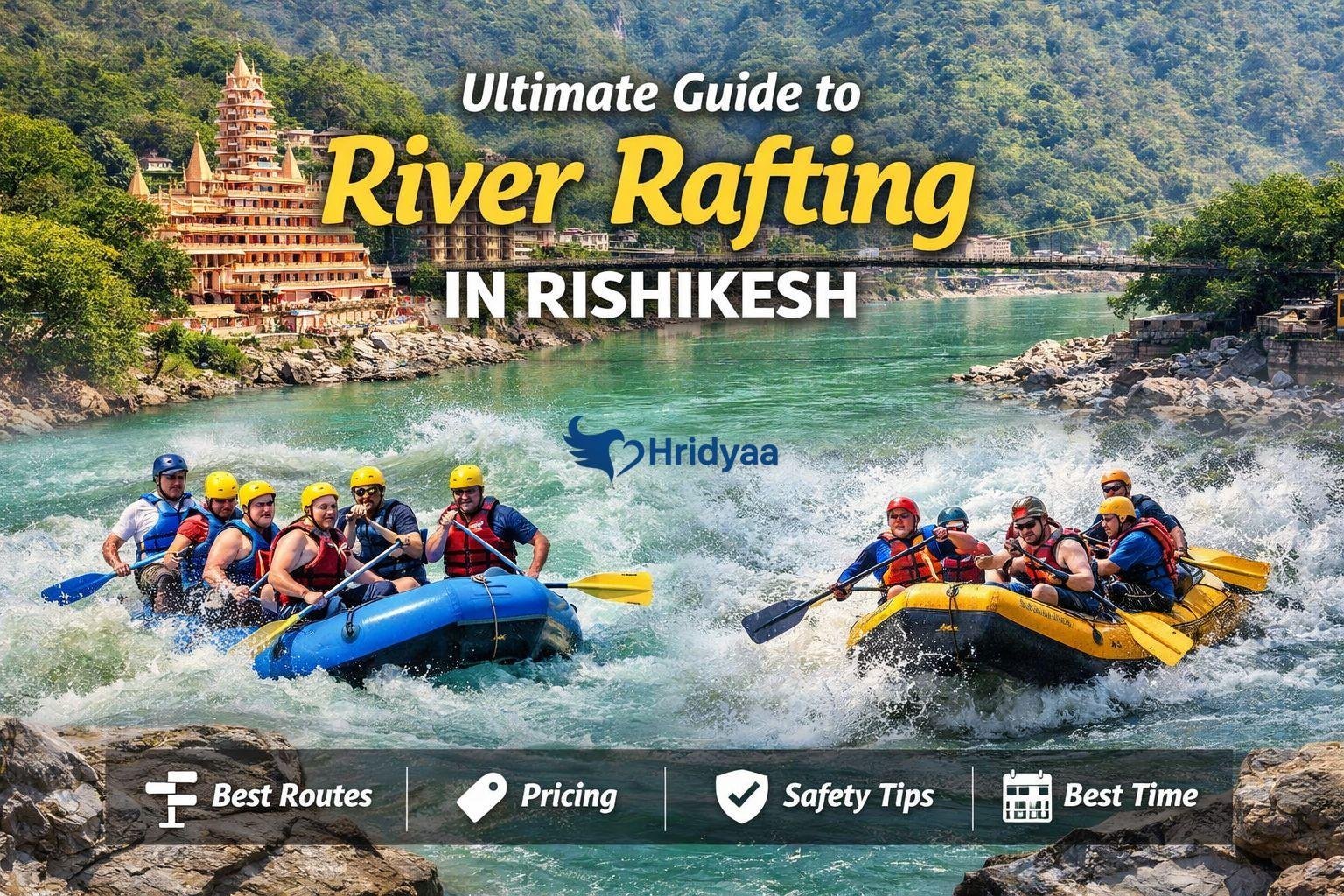 River rafting in Rishikesh on the Ganga River with adventure groups navigating white water rapids against the Himalayan backdrop