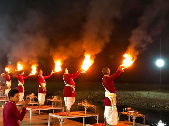 Evening Ganga Aarti ceremony at Triveni Ghat Rishikesh