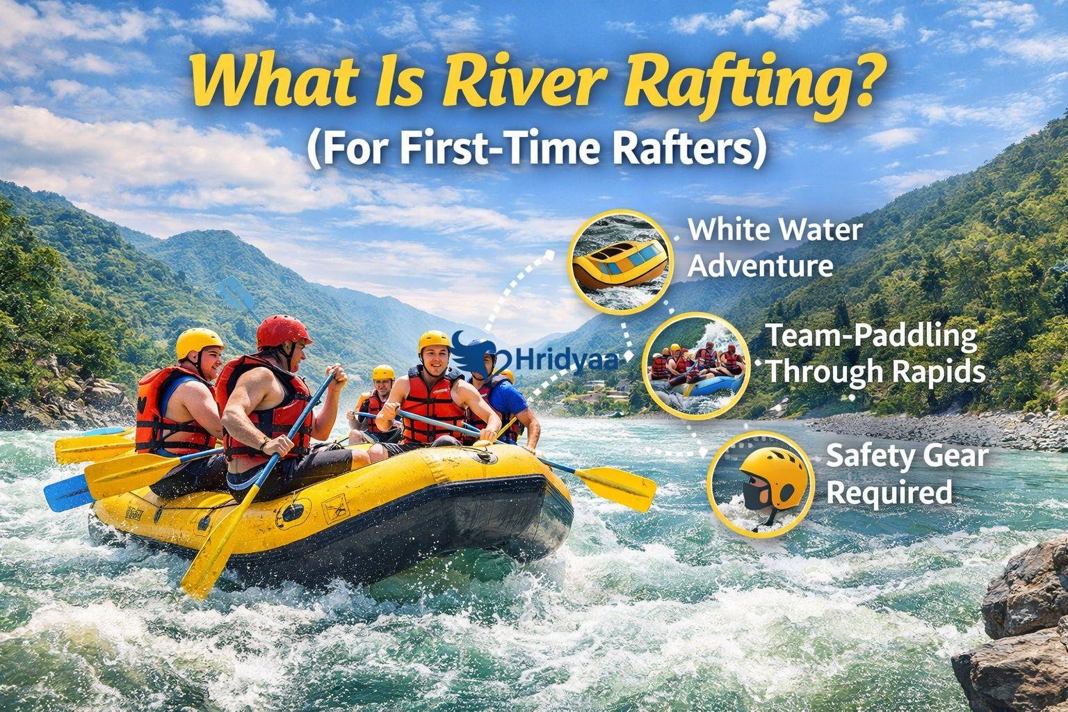 First-time rafters enjoying river rafting on the Ganga River in Rishikesh with safety gear and guided paddling