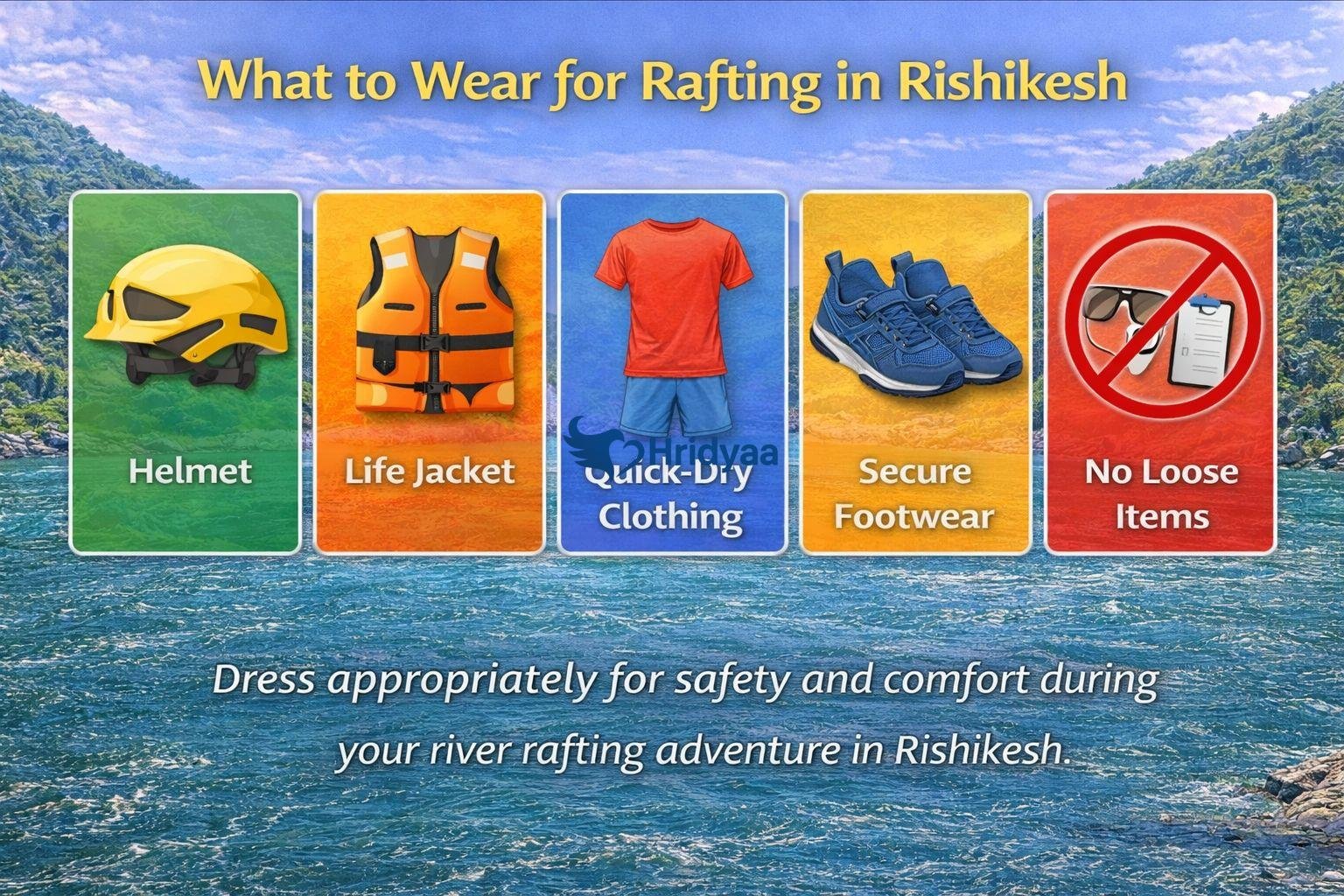 What to wear for rafting in Rishikesh showing helmet, life jacket, quick-dry clothes, secure footwear, and no loose items