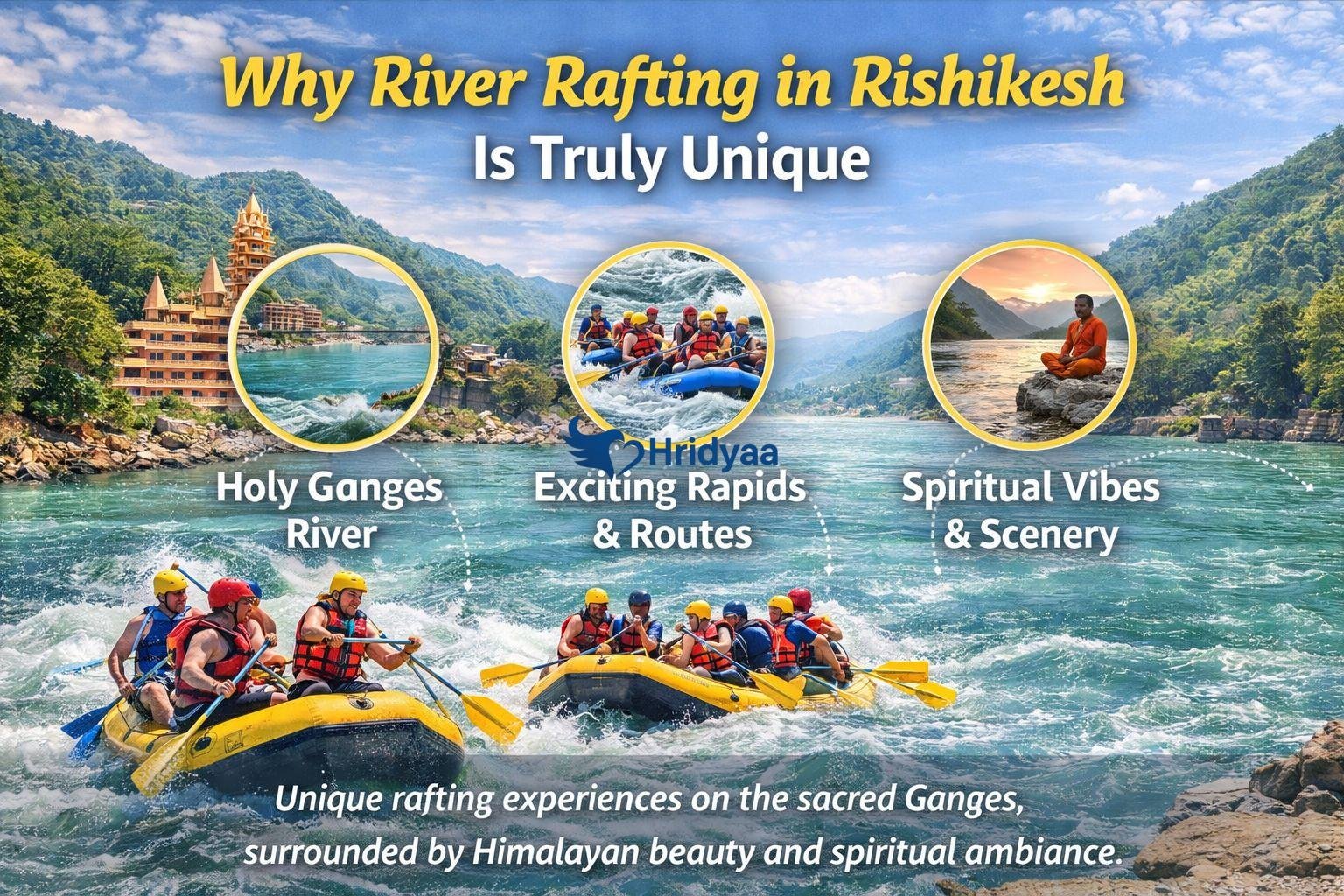 River rafting in Rishikesh on the Ganga River showing Himalayan scenery, natural rapids, and the spiritual atmosphere of the region