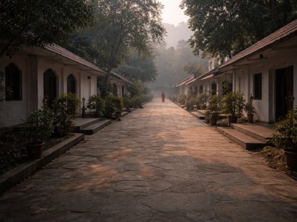 Quiet ashram courtyard in Rishikesh during early morning hours with calm and empty surroundings