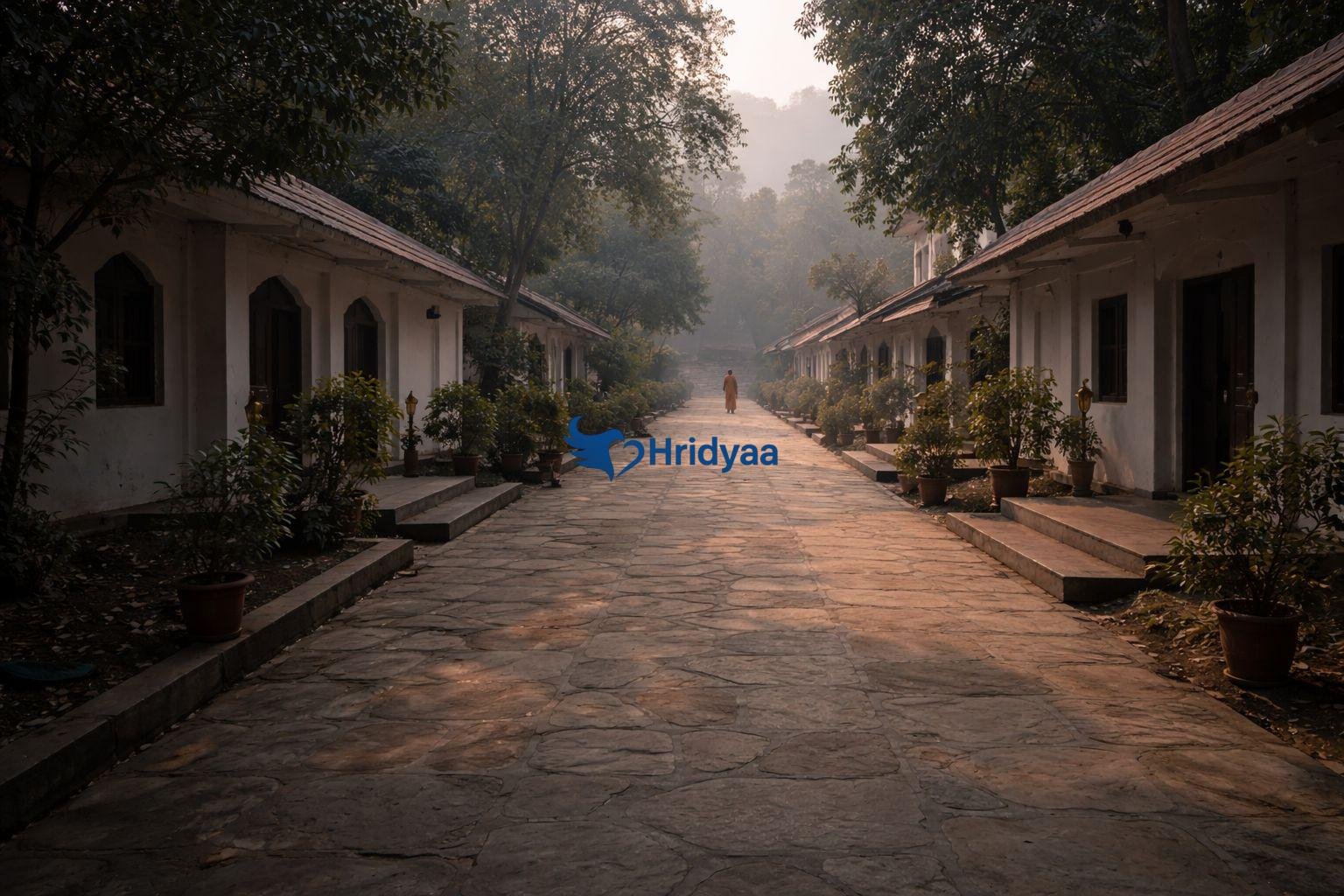 Quiet ashram courtyard in Rishikesh during early morning hours with calm and empty surroundings