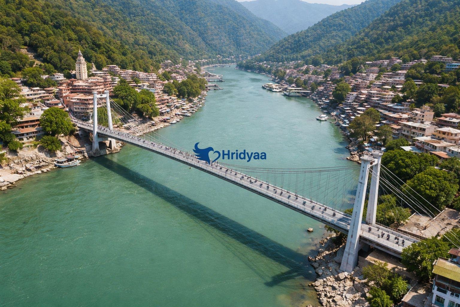 Aerial view of Bajrang Setu connecting Tapovan and Jonk across the Ganga River in Rishikesh