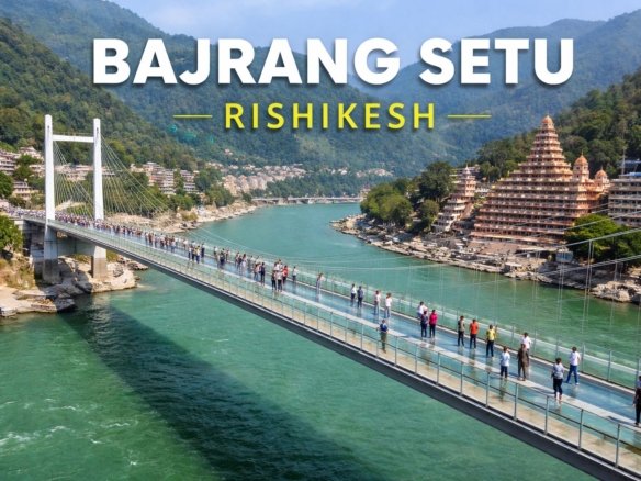 Bajrang Setu glass suspension bridge in Rishikesh with pedestrians walking over the Ganga River