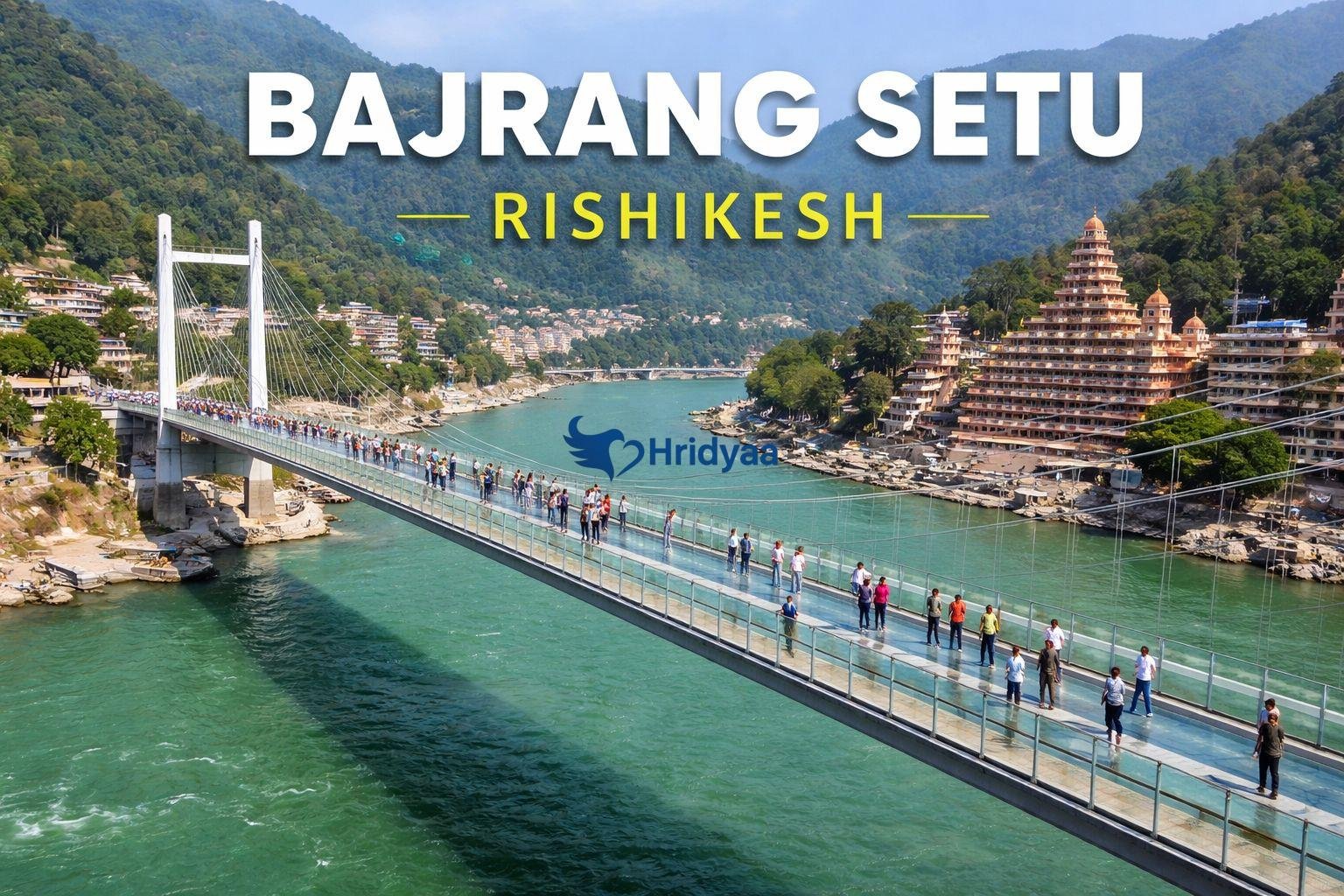 Bajrang Setu glass suspension bridge in Rishikesh with pedestrians walking over the Ganga River