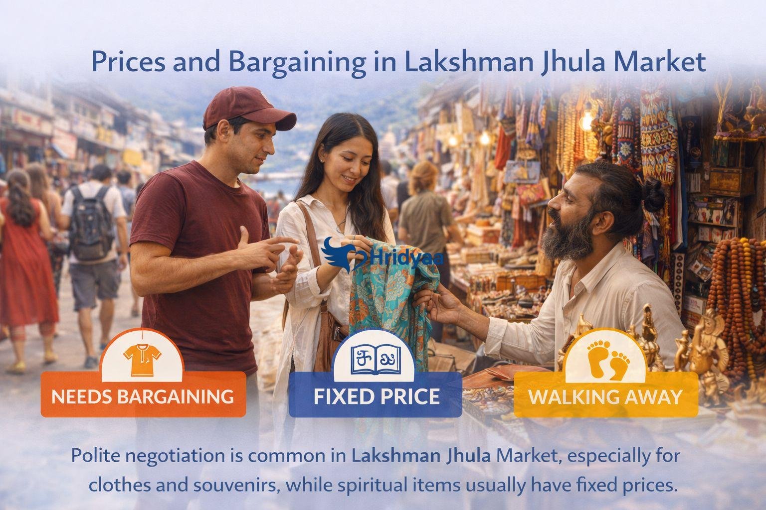 Tourists politely bargaining for clothes and souvenirs at Lakshman Jhula Market in Rishikesh