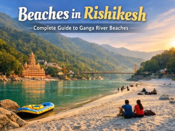 Sandy Ganga river beach in Rishikesh with Lakshman Jhula bridge, clear water, rafting boat, and Himalayan hills in the background