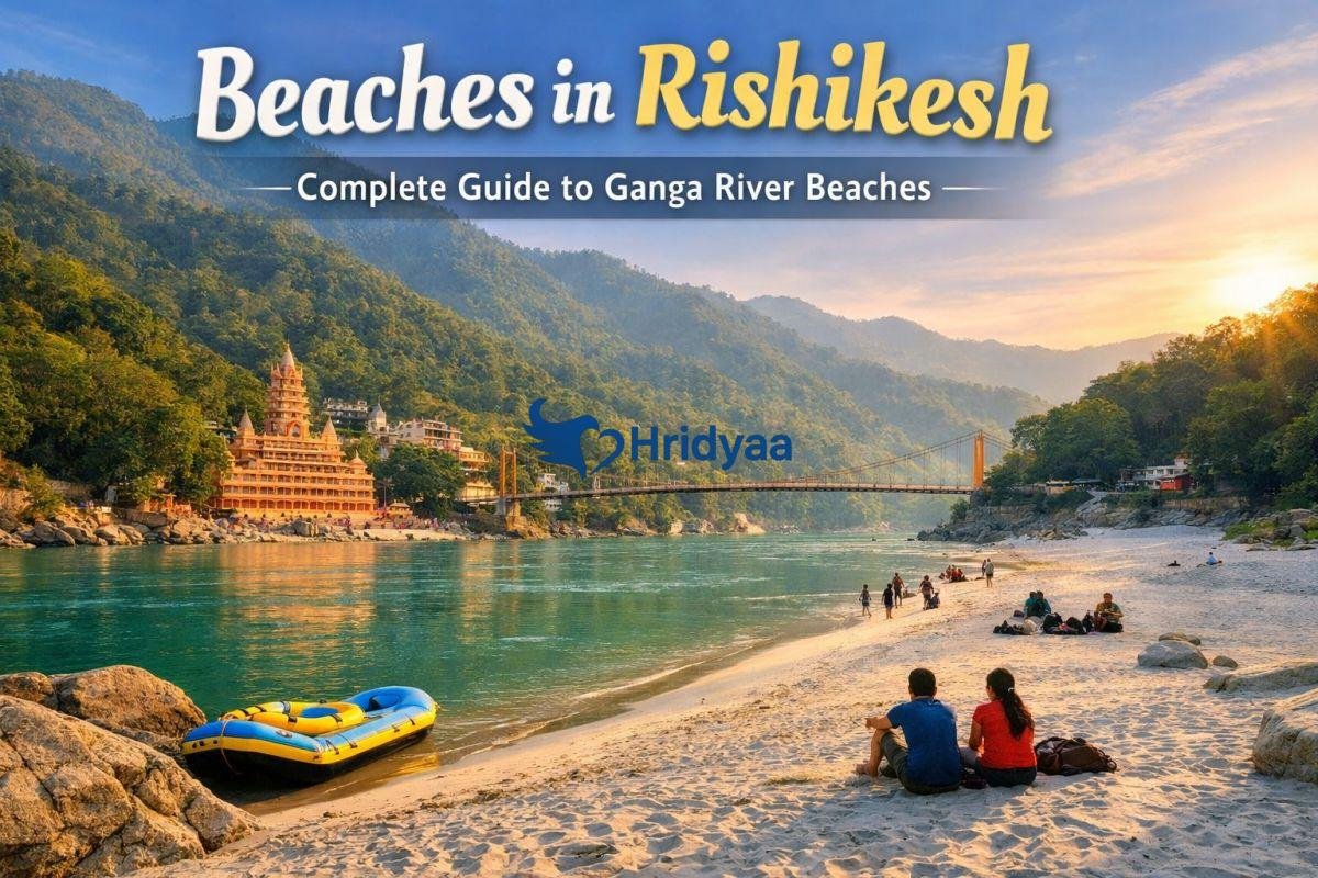 Sandy Ganga river beach in Rishikesh with Lakshman Jhula bridge, clear water, rafting boat, and Himalayan hills in the background