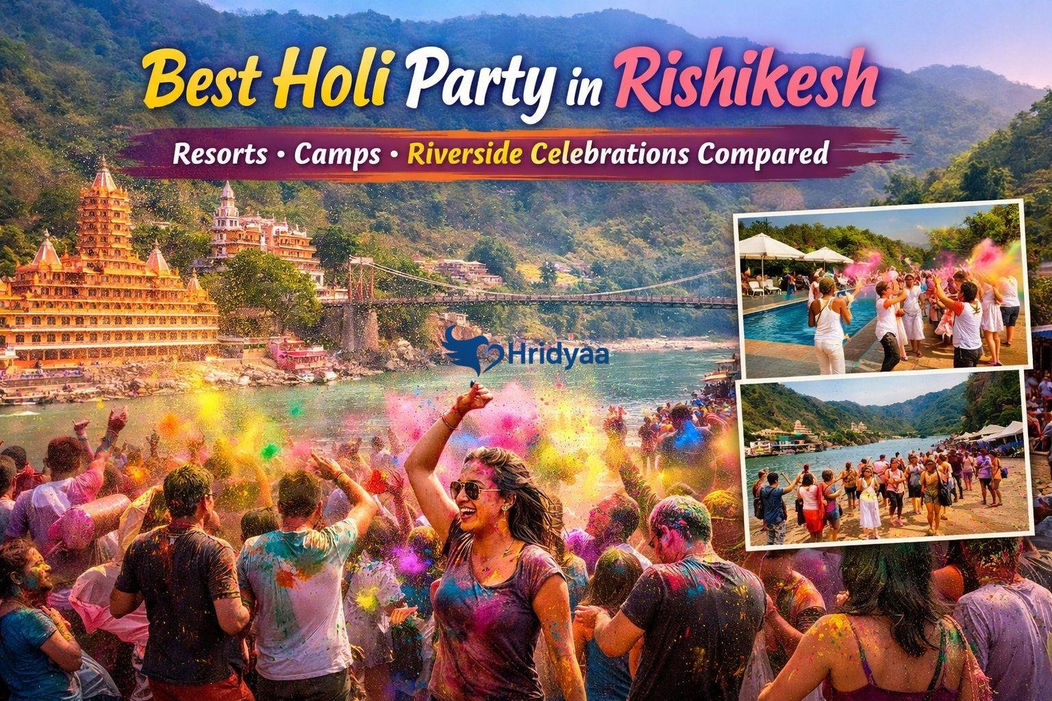 Holi celebration in Rishikesh with colorful crowds dancing by the Ganga River near riverside camps and resorts