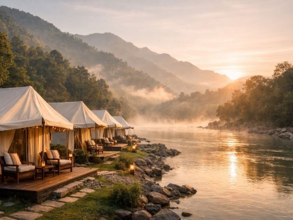 Luxury riverside camping in Rishikesh with Swiss tents facing the Ganga in early morning light