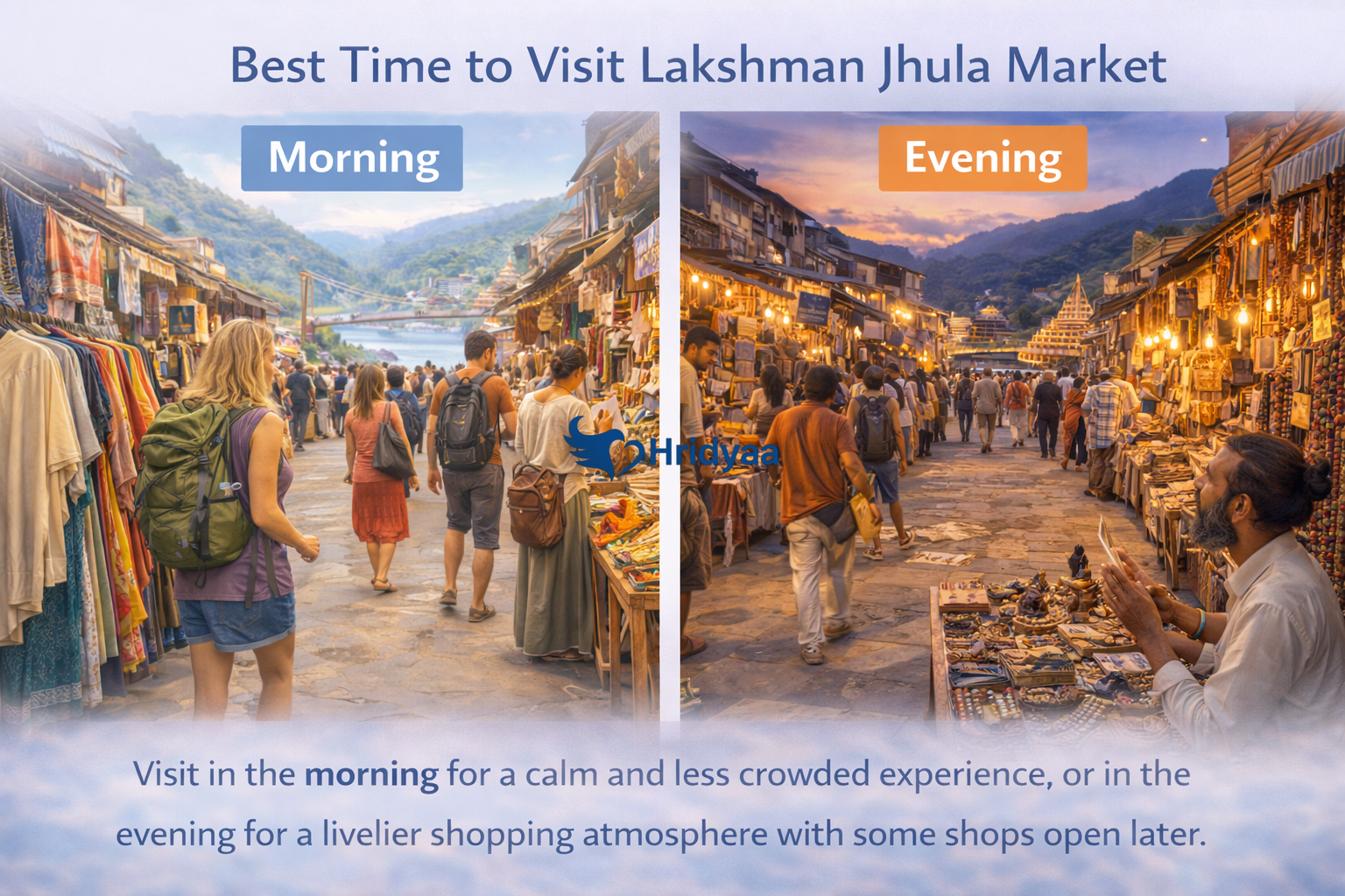 Lakshman Jhula Market in Rishikesh during calm morning hours and busy evening time showing crowd difference
