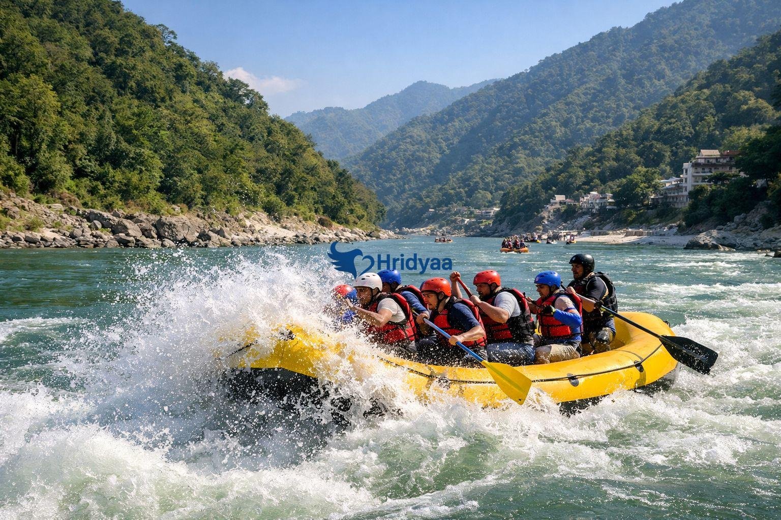 River rafting in Rishikesh during peak season with strong rapids and Himalayan backdrop