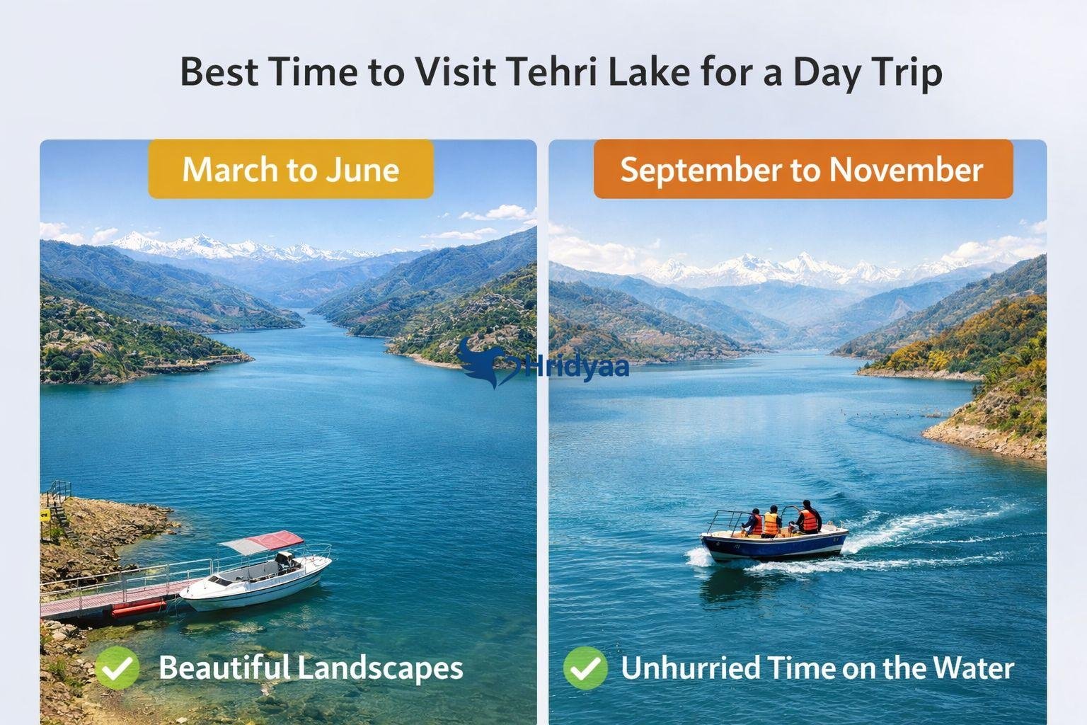 Tehri Lake in Uttarakhand during March to June and September to November showing clear skies, mountain views, and boating activity