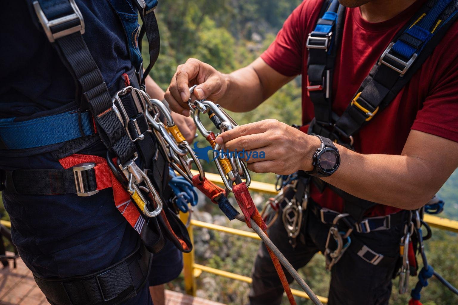 Jump master inspecting multi-layer bungee harness before jump in Rishikesh
