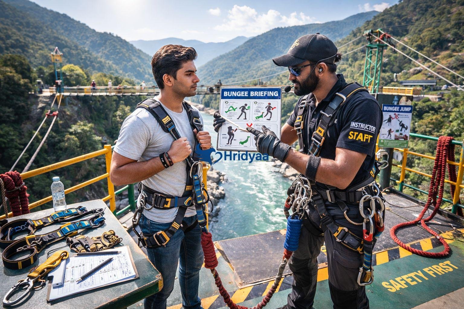 Safety briefing session before bungee jumping in Rishikesh