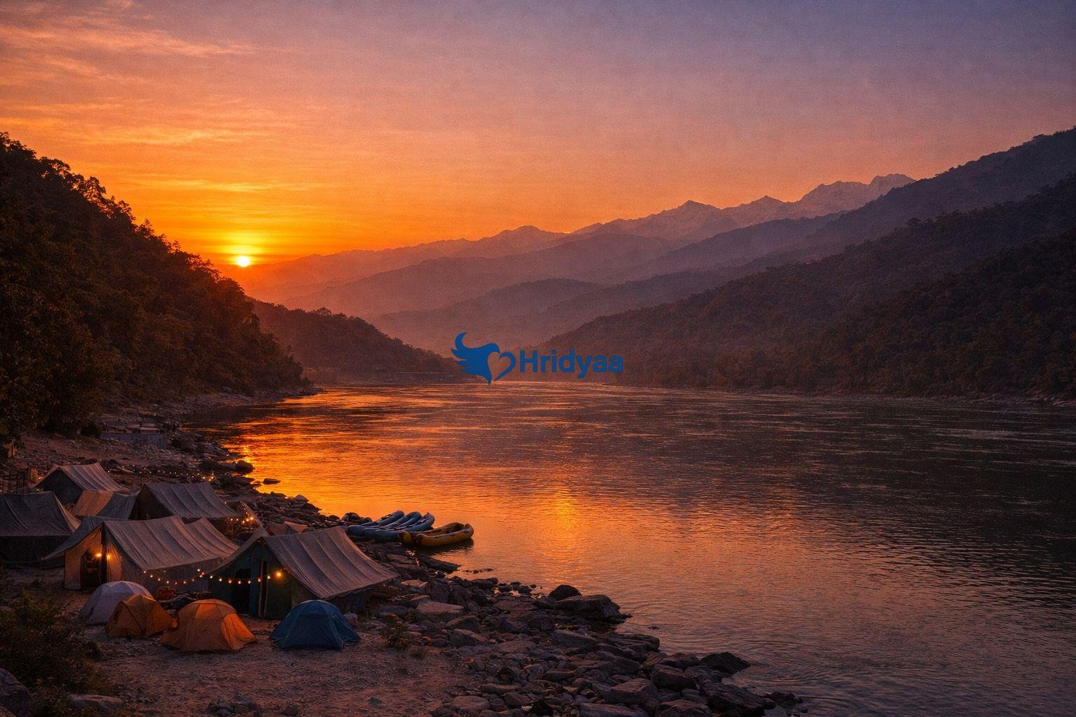 Golden hour sunset at Byasi riverside near Rishikesh