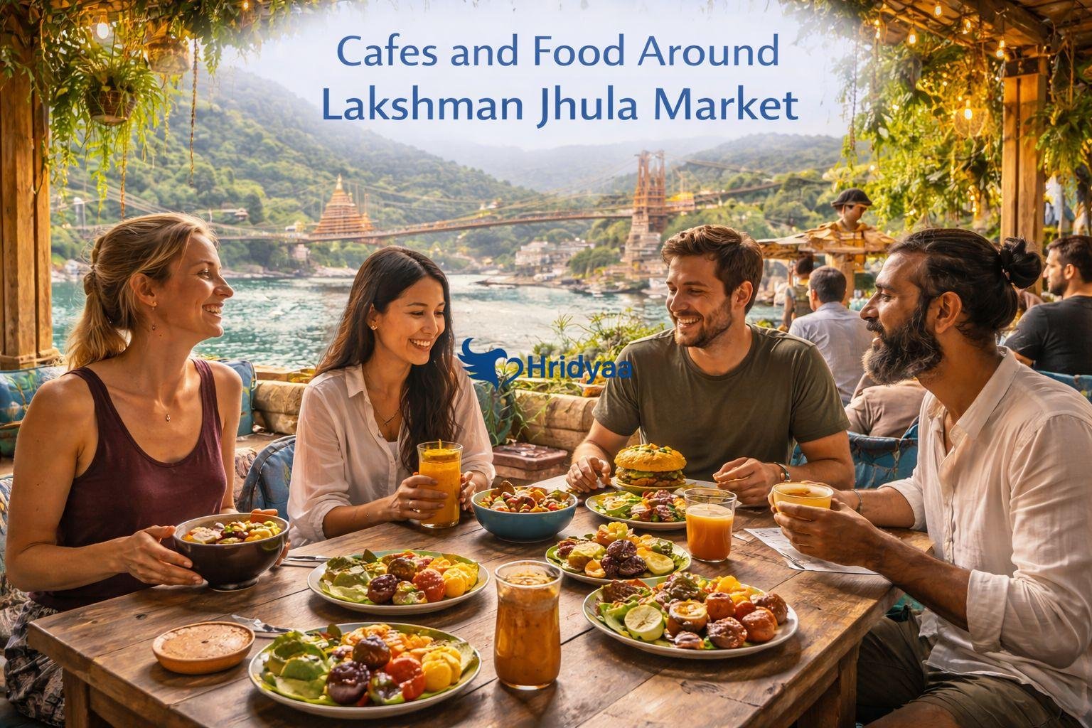 Riverside café near Lakshman Jhula Market in Rishikesh with travelers enjoying vegetarian food and Ganga views