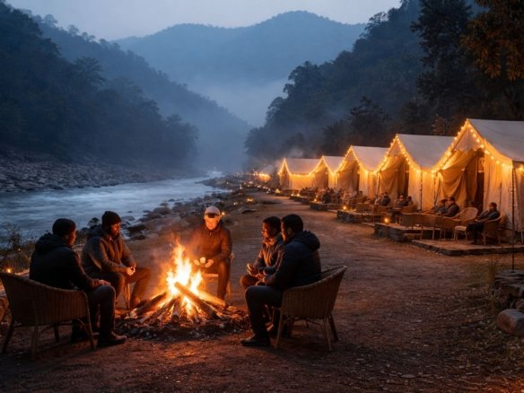 Camping in Rishikesh in December with bonfire and Swiss tents near river
