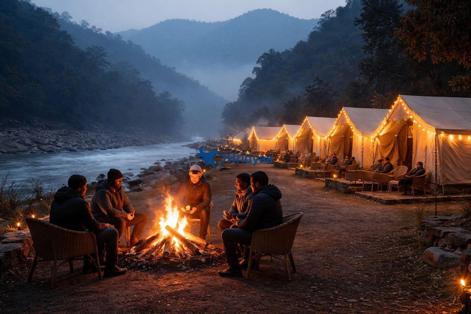 Camping in Rishikesh in December with bonfire and Swiss tents near river