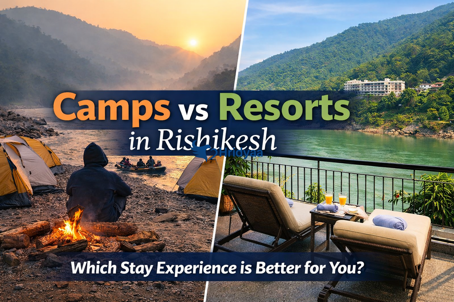 Camps vs resorts in Rishikesh showing riverside camping near Shivpuri and a peaceful resort balcony overlooking the Ganga