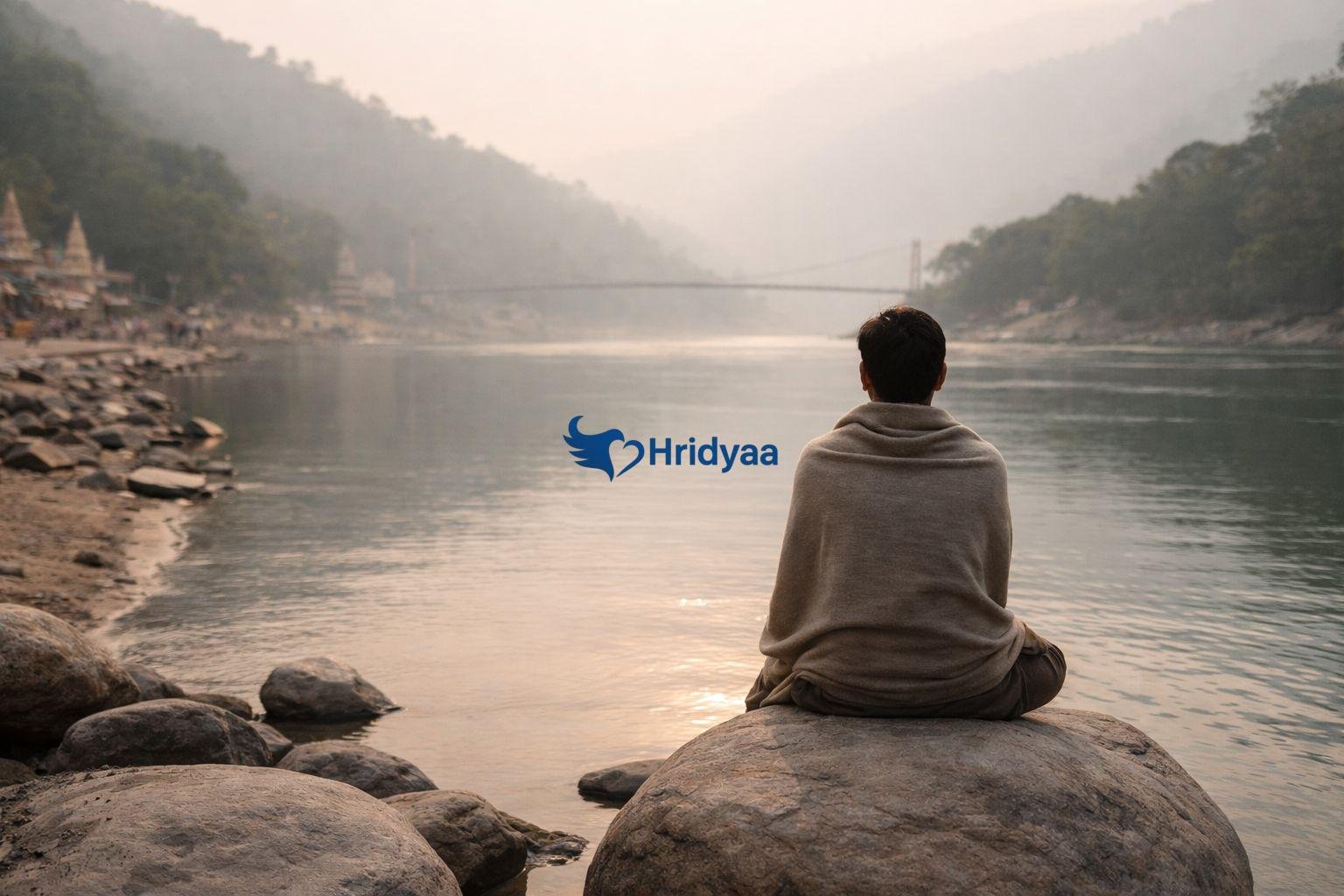 Traveler sitting quietly by the Ganga River reflecting on their stay in Rishikesh