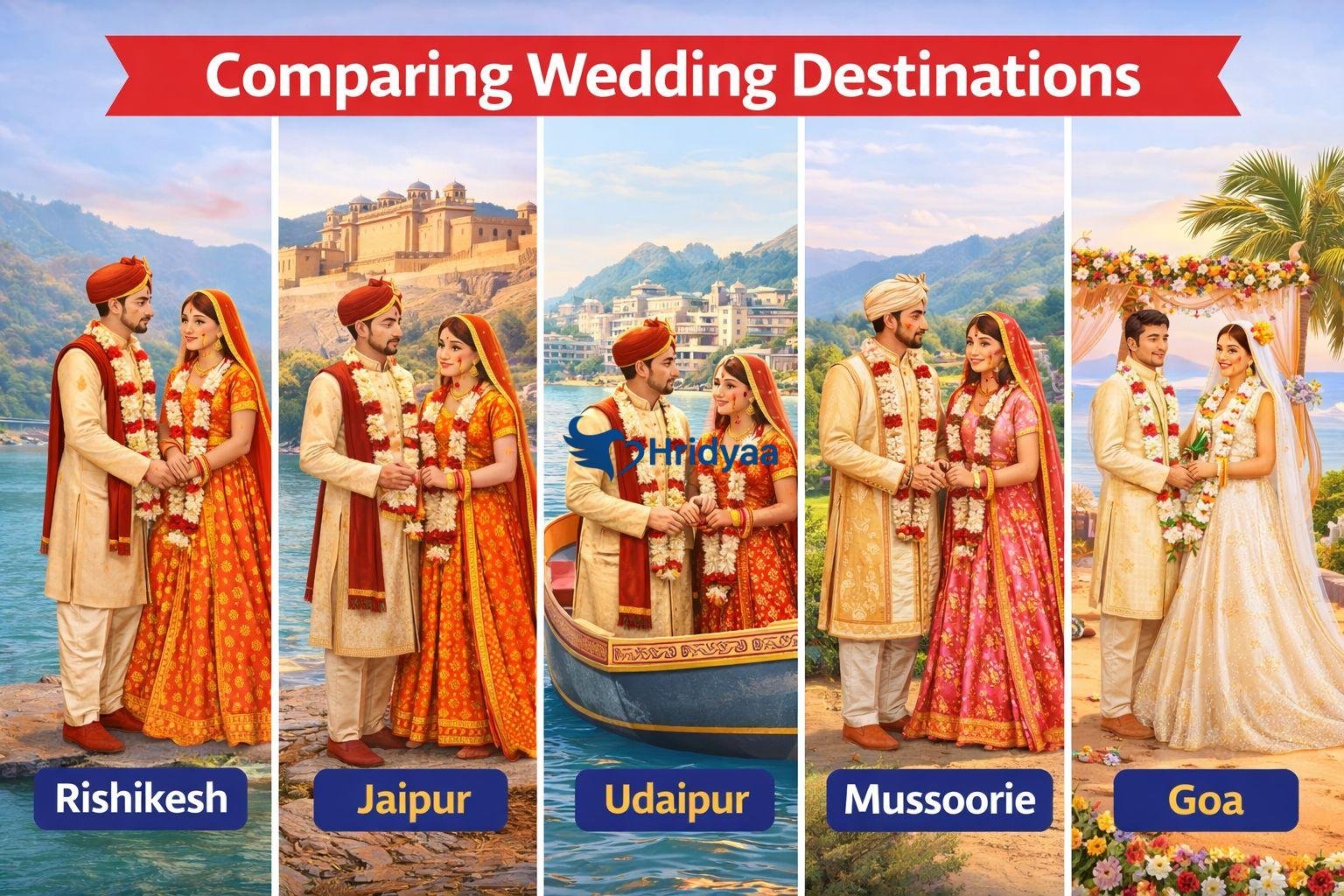 Comparison of wedding destinations including Rishikesh, Jaipur, Udaipur, Mussoorie and Goa