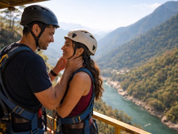 Couple preparing for bungee jumping from 83 meter platform in Rishikesh