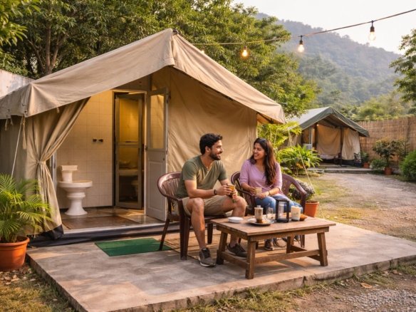 Couple camping in Tapovan with private attached washroom tent
