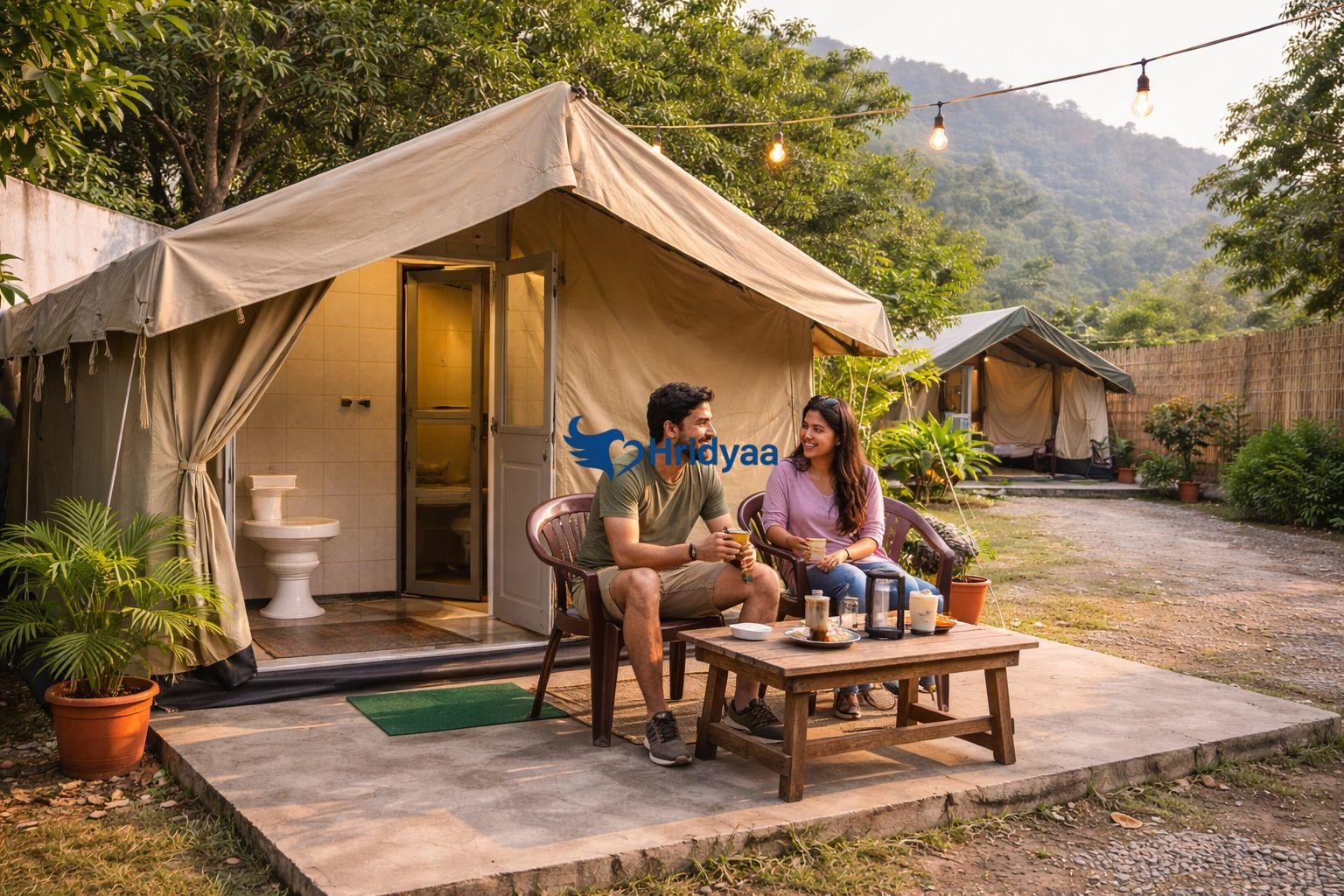 Couple camping in Tapovan with private attached washroom tent