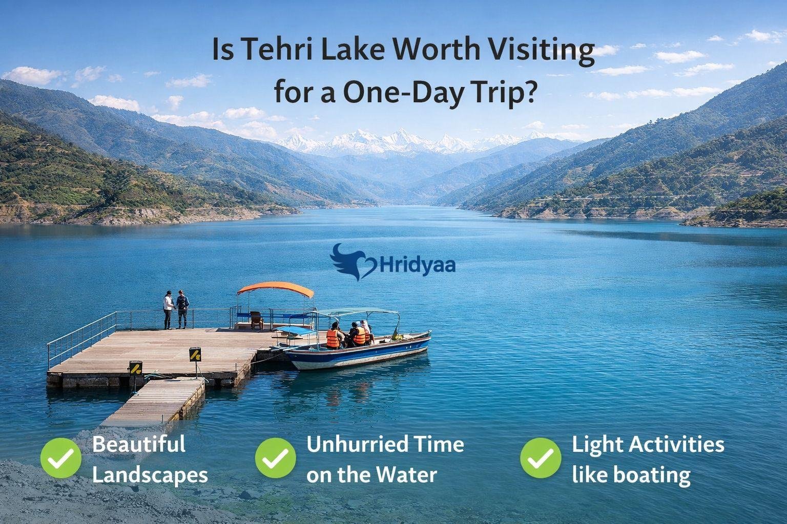 Tehri Lake in Uttarakhand with boating activity and wide mountain views, ideal for a one-day trip from Rishikesh or Dehradun