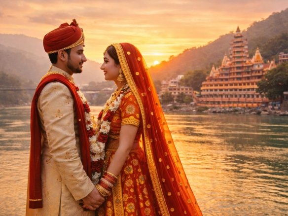 Newly married couple standing by the Ganga in Rishikesh at sunset