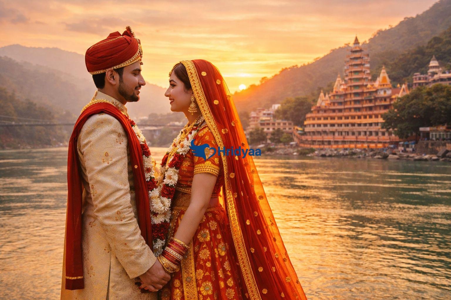 Newly married couple standing by the Ganga in Rishikesh at sunset