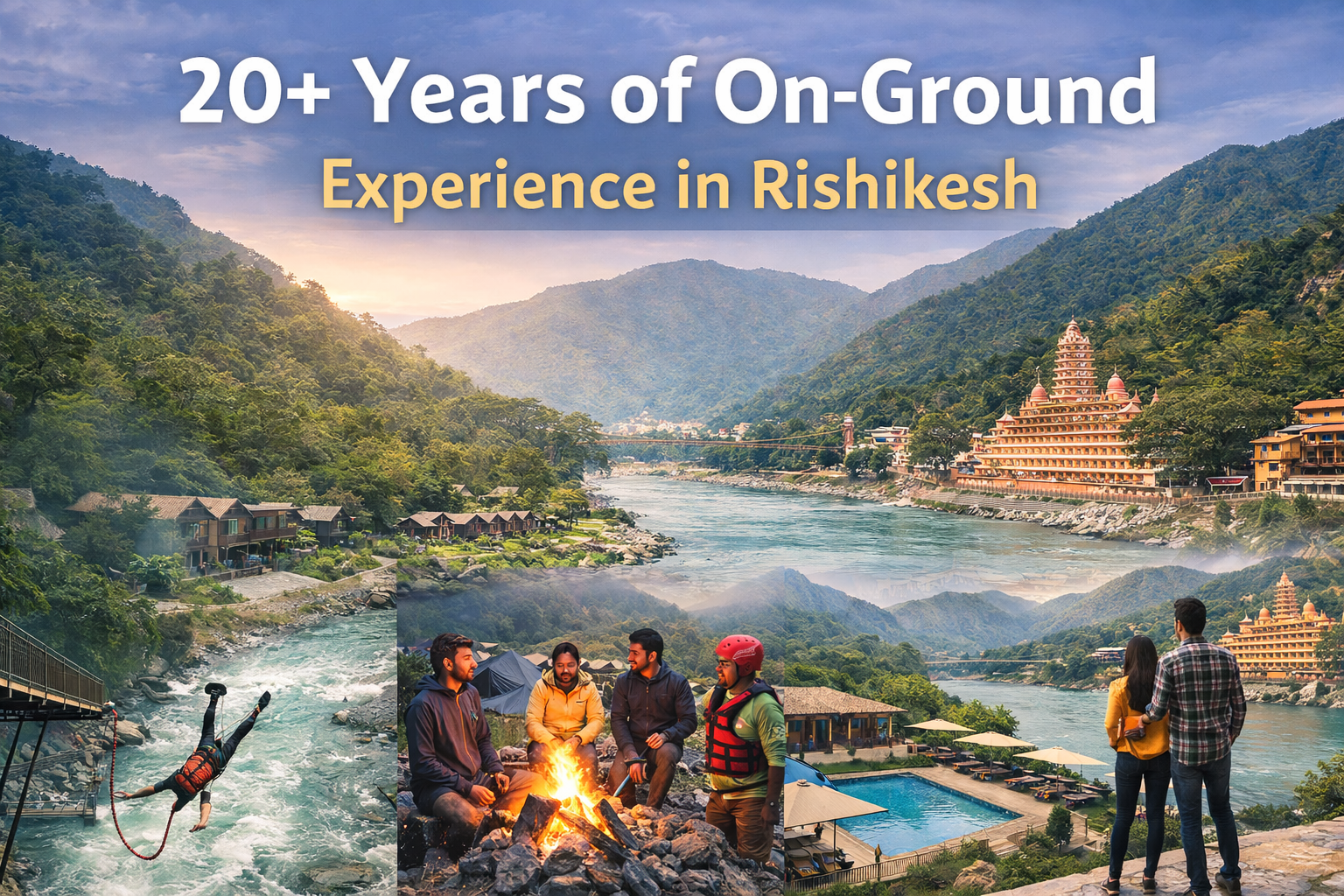 On-ground travel experience in Rishikesh showing river rafting on the Ganga, riverside camps, local operator coordination, and adventure activities across seasons