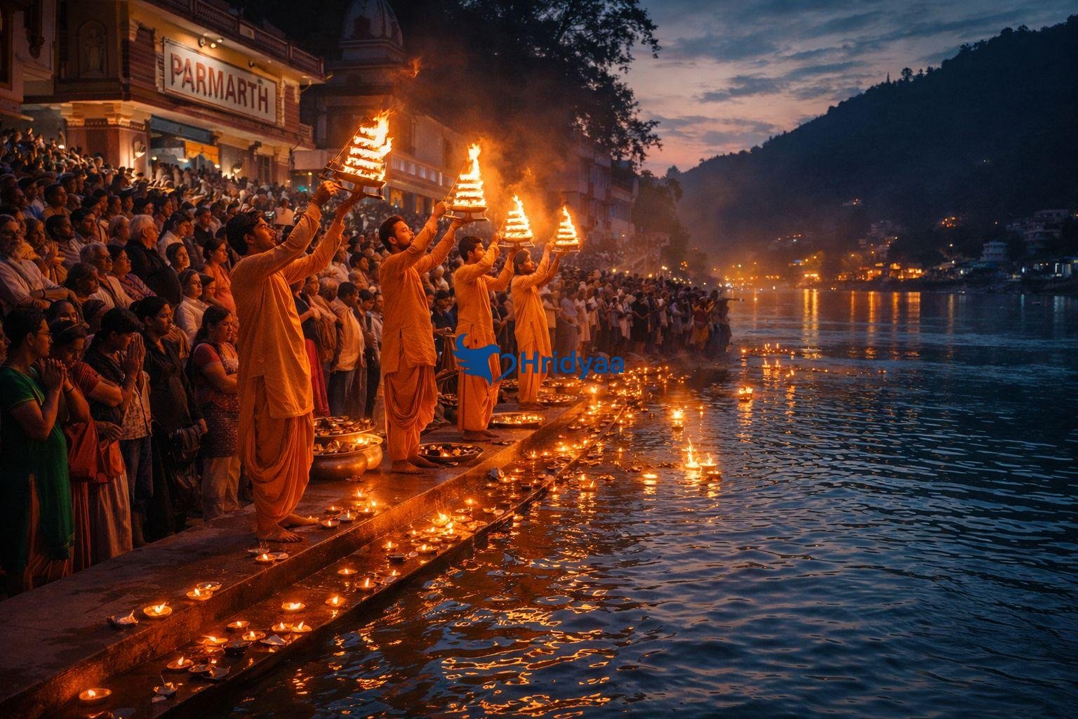 Evening Ganga Aarti ceremony in Rishikesh with lamps and devotees