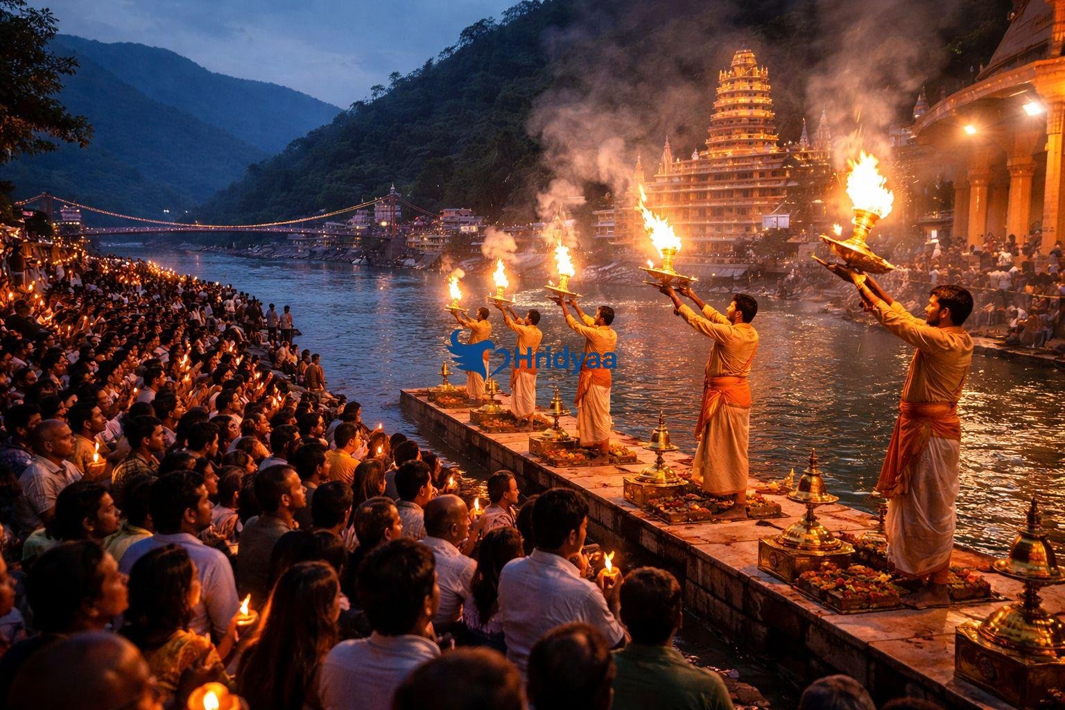 Priests performing Ganga Aarti ceremony at Triveni Ghat in Rishikesh during evening twilight