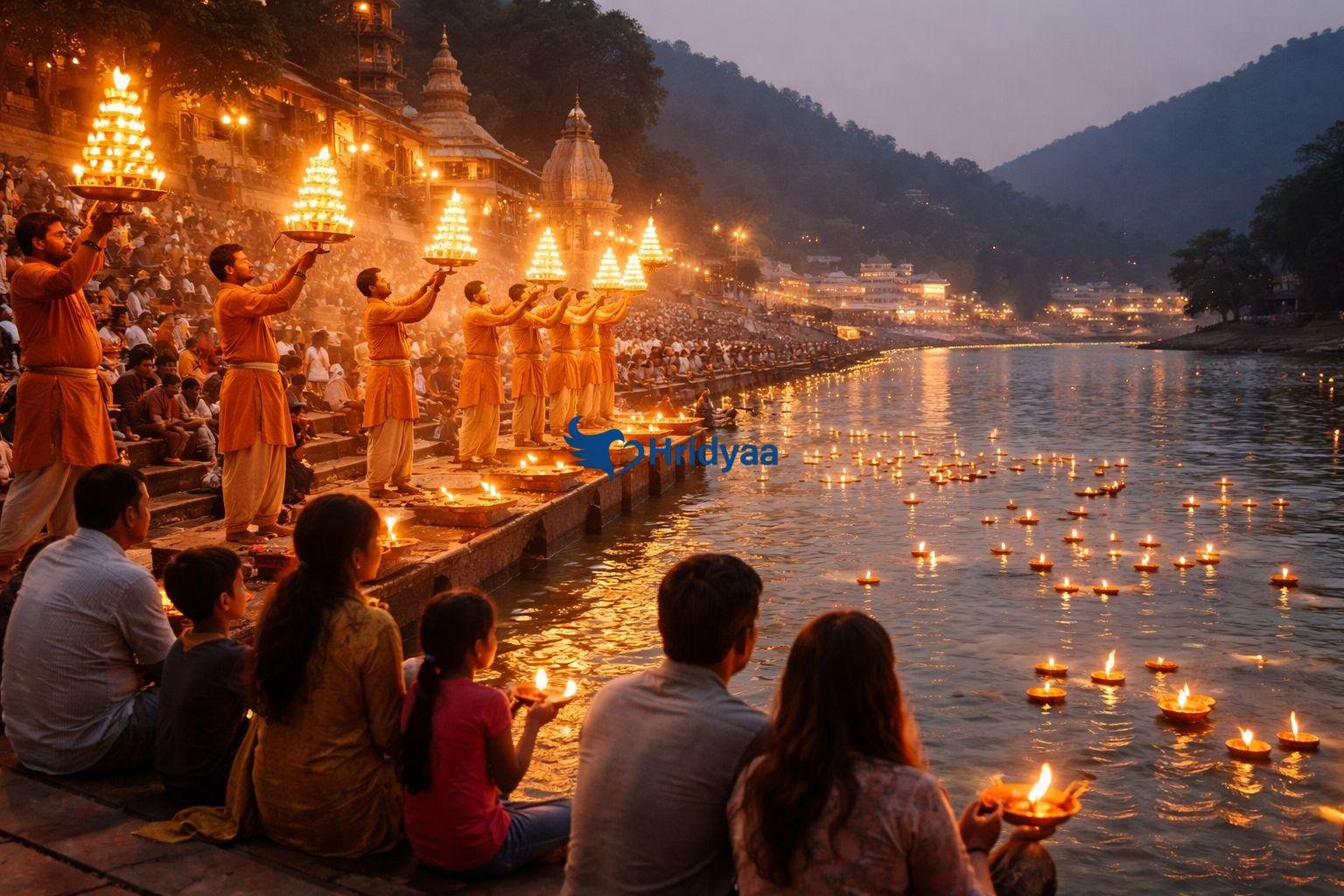 Evening Ganga Aarti at Triveni Ghat in Rishikesh with families attending together
