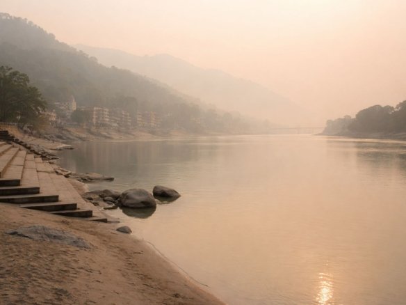 Quiet early morning view of the Ganga River in Rishikesh before crowds arrive