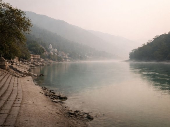 Quiet early morning view of the Ganga River in Rishikesh without crowds