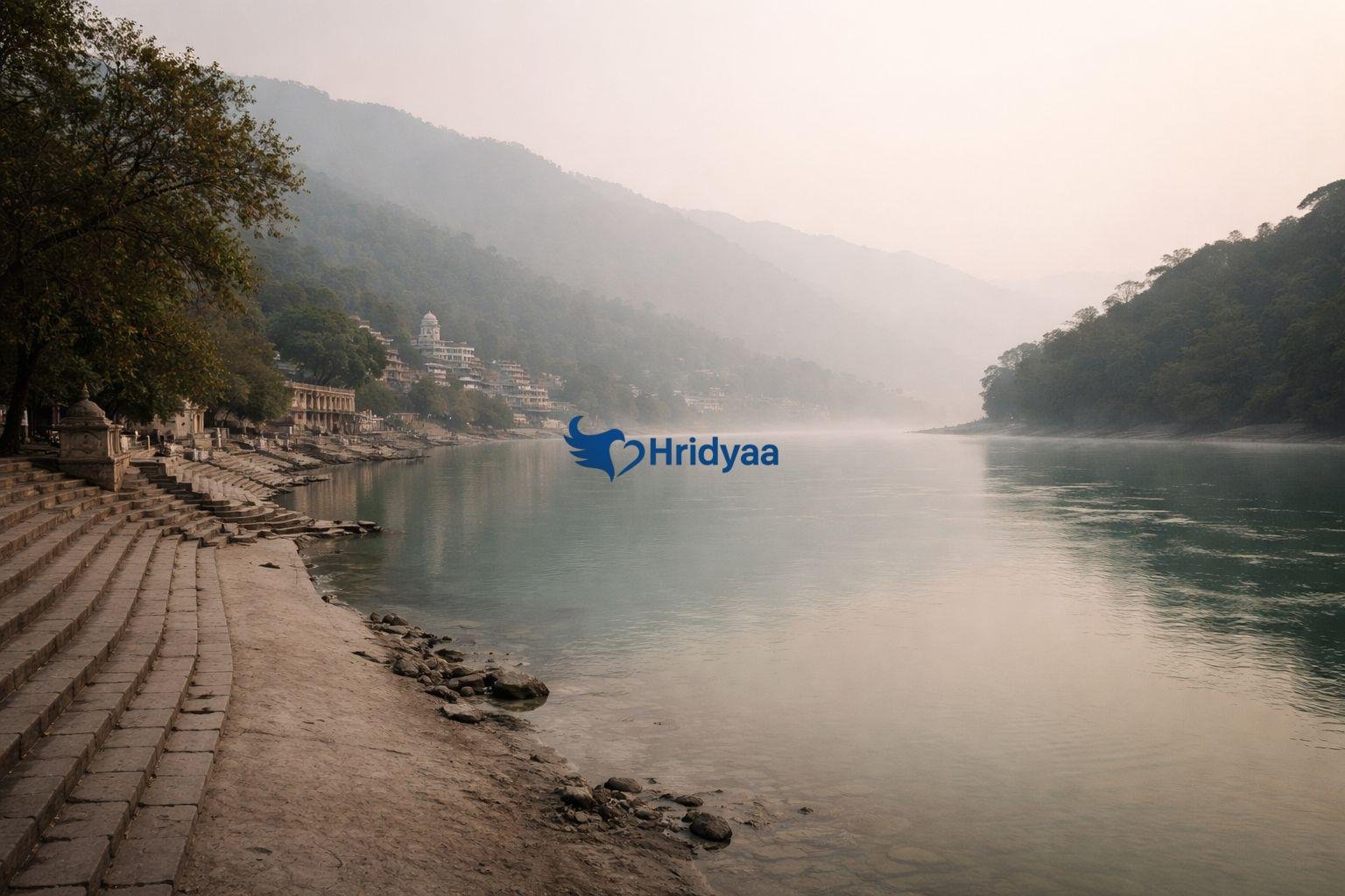 Quiet early morning view of the Ganga River in Rishikesh without crowds